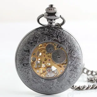 Unisex Vintage Charm Black Pocket Watches Mechanical For Men Hollow Skeleton Hand Wind Steampunk Pendant Chain Fob Watches