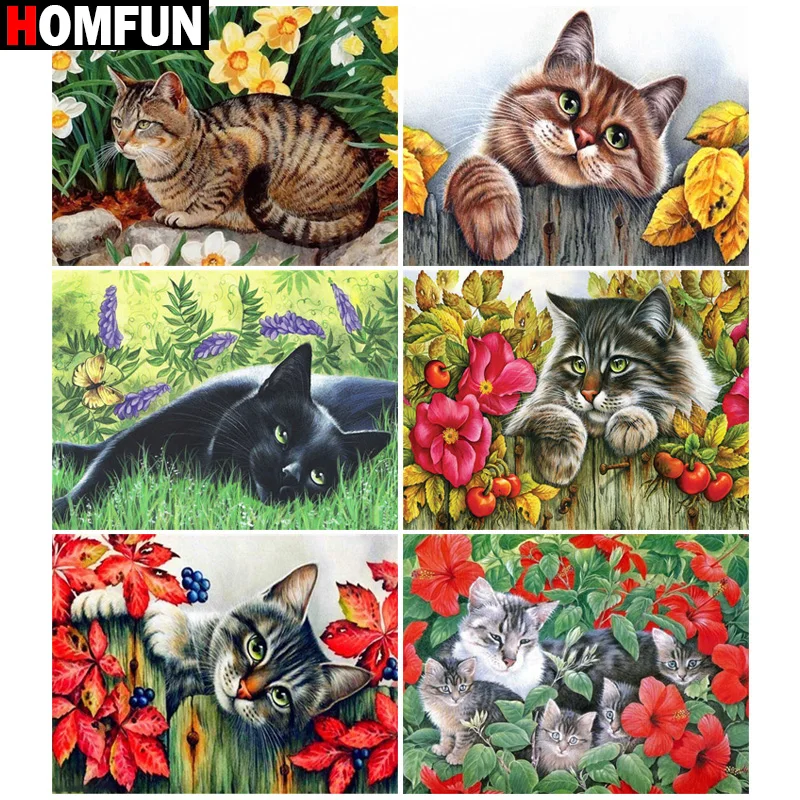 

Алмазная живопись HOMFUN, картина «сделай сам» из квадратных/круглых страз, «Кот, цветок», вышивка крестиком, стразы