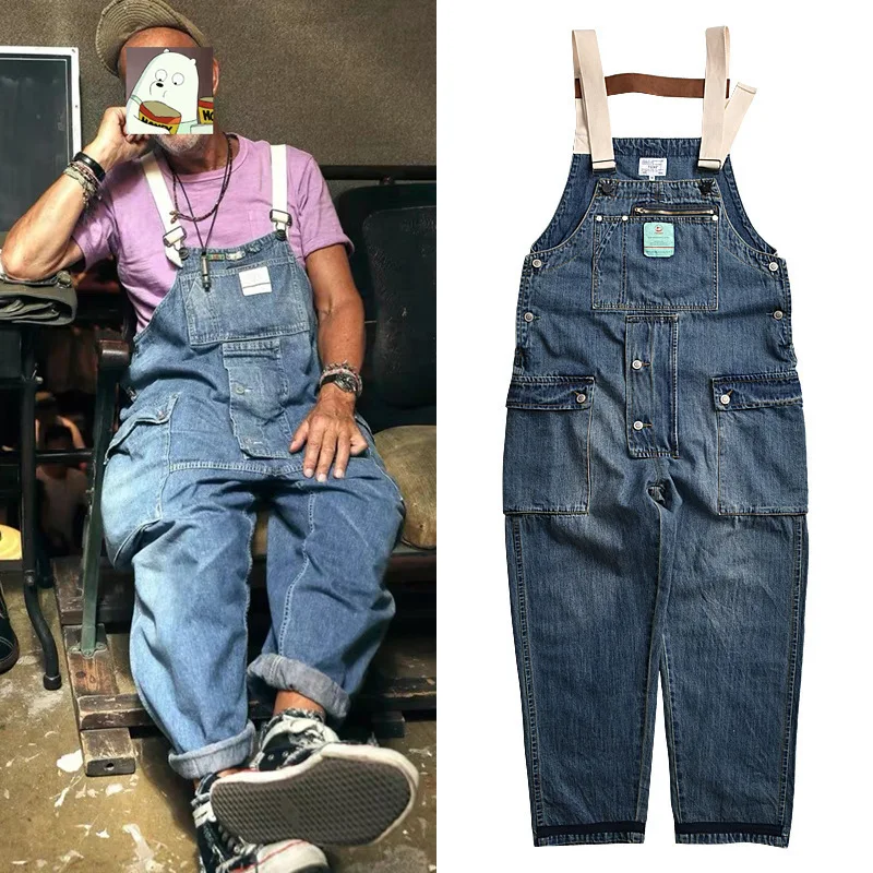 Korea Washed Old Blue Denim Overalls Men's Tide Brand Cargo Multi-pocket Worker's Jumpsuit Casual LooseTrousers