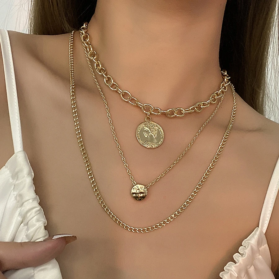 

Fashion Punk Thick Chain Necklace For Women Vintage Figure Coin Pendant Choker Multi-layered Charm Clavicle Necklace Collar Gift