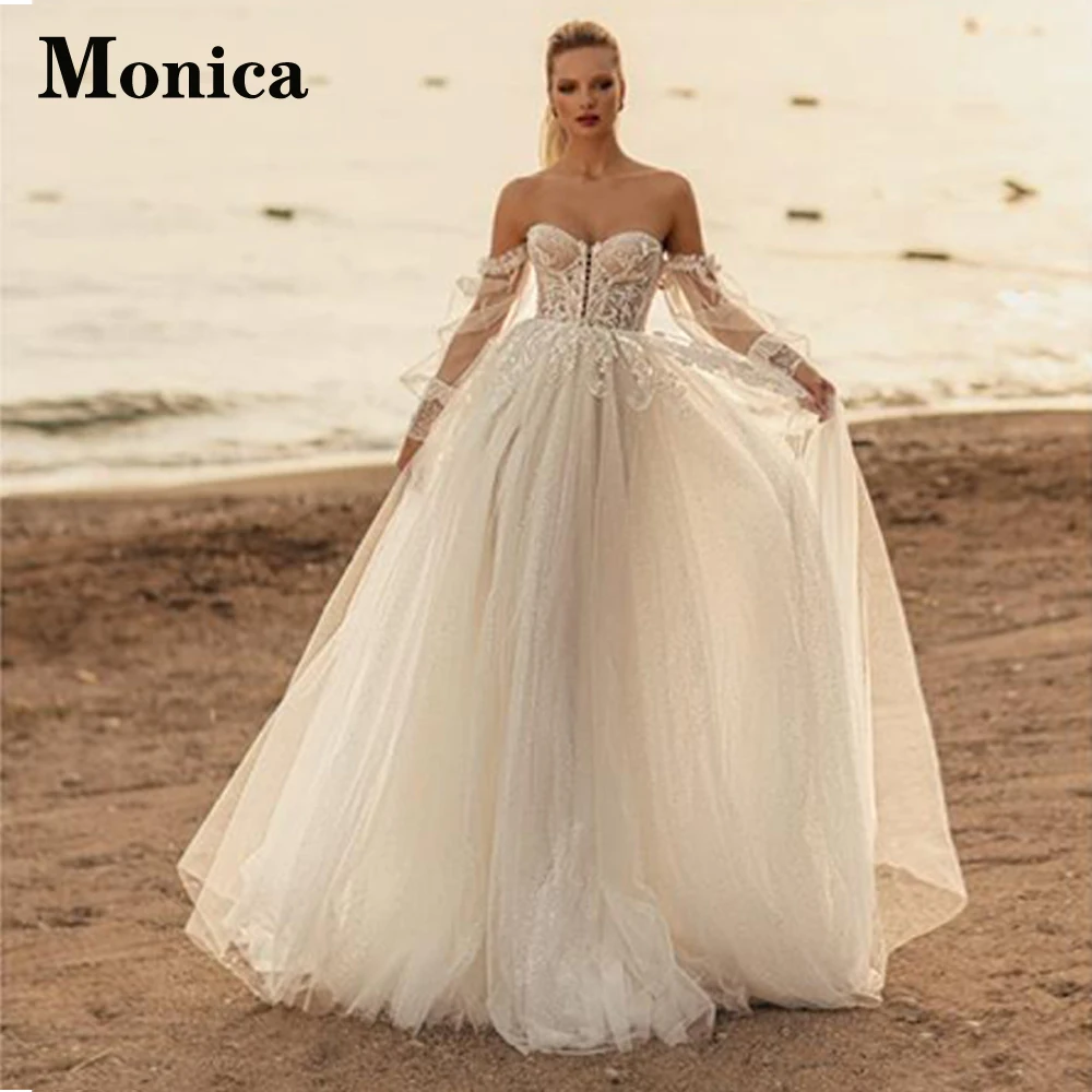 

MONICA Charming Wedding Dress For Women lantern Sleeve Shinny Appliques Strapless Tulle Zipper Illusion A-line Abito Da Sposa
