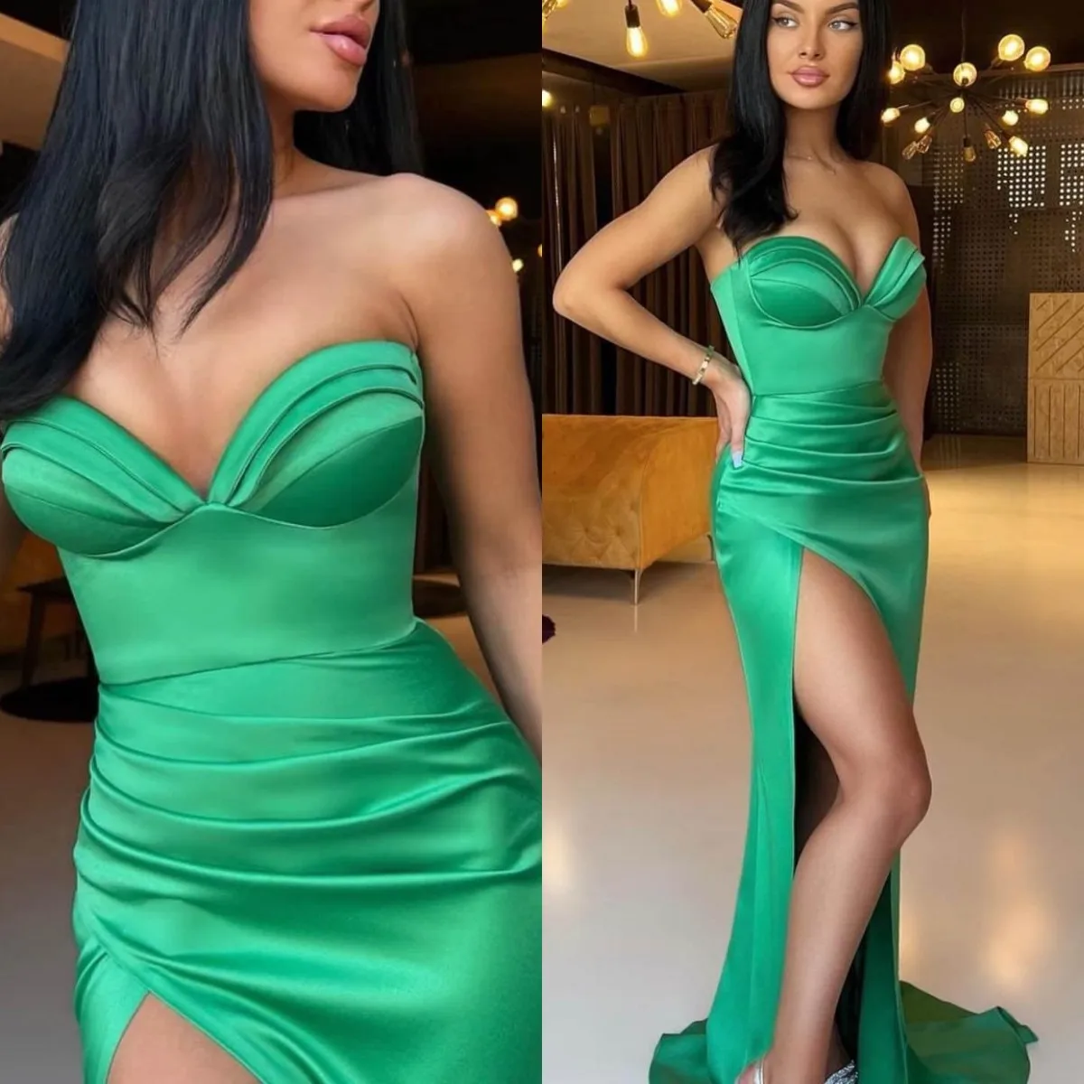 

Simple Green Prom Dresses Sweetheart Sleeveless Evening Gowns Sexy High Split Custom Made Celebrity Graduation Party Robe Wear