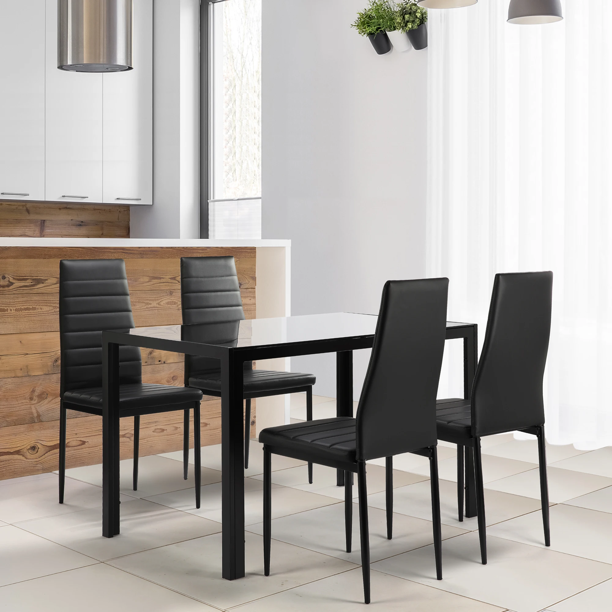 

5 Pieces Dining Table Chair Set for 4 Include 1 Tempered Glass Dining Table + 4 Faux Leather Chairs Black[US-Stock]