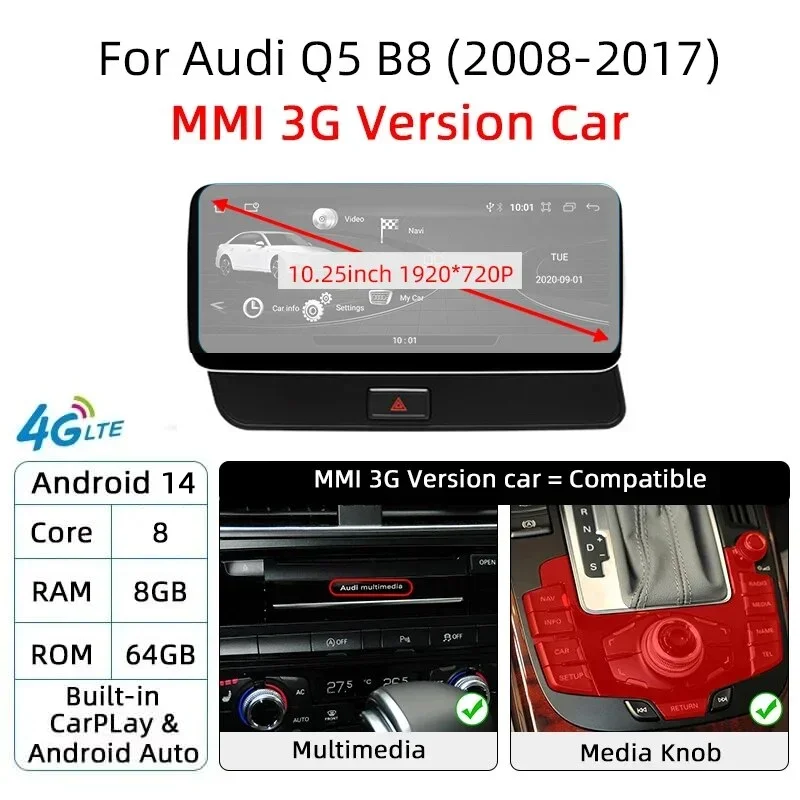 

Автомобильный монитор Android 14 с CarPlay для Audi Q5 8R 2008-2017, автомобильная мультимедийная система с сенсорным экраном, Bluetooth, Wi-Fi, 4G, GPS-навигация