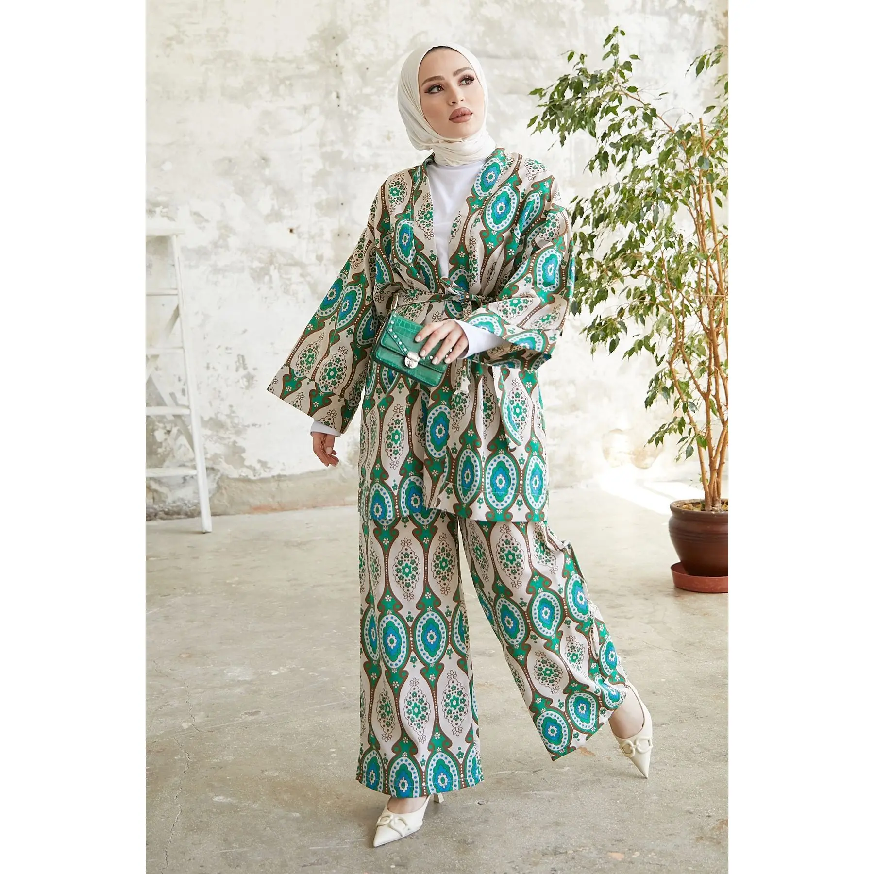 2 pieces Women's Set Maxi Jacket kimono  and Pant Muslim Fashion Muslim Sets İslamic Clothing Dubai Turkey 2021 hijab women set