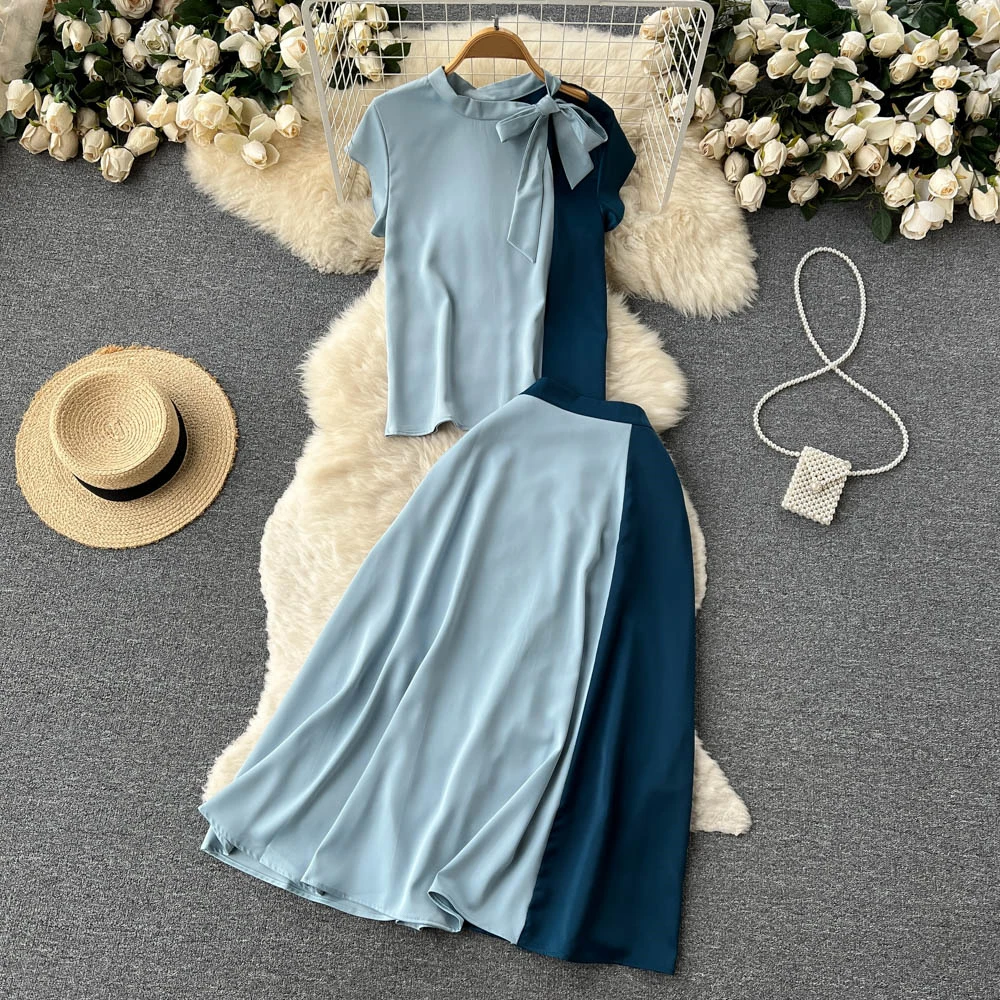 

Clothland Women Elegant Patchwork Blouse Skirt Suit Short Sleeve Bow Tie Shirt Midi Skirt Two Piece Office Set TZ505