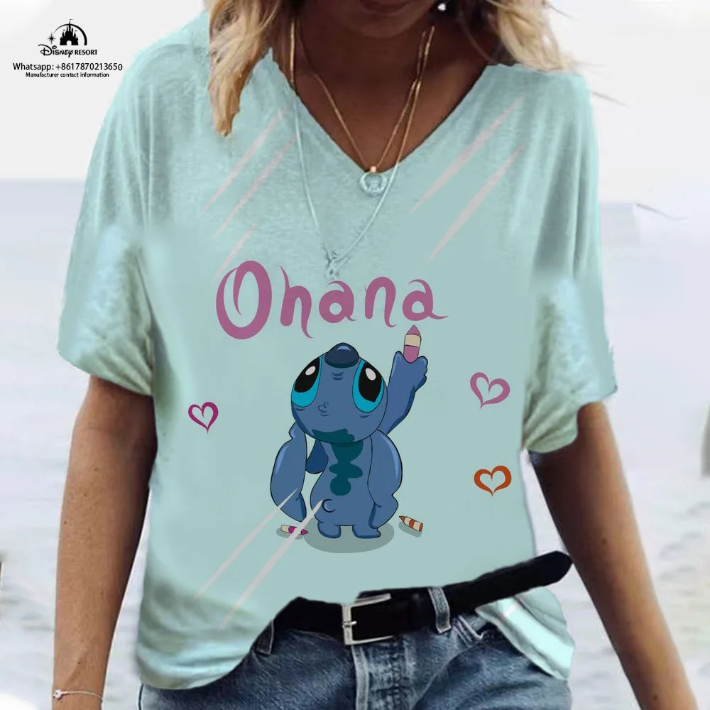 

3D Disney Stitch Printing Women's T-Shirt Short Sleeve Loose Summer T-Shirt Loose Casual Basic Tops Women's V Neck Street Tee