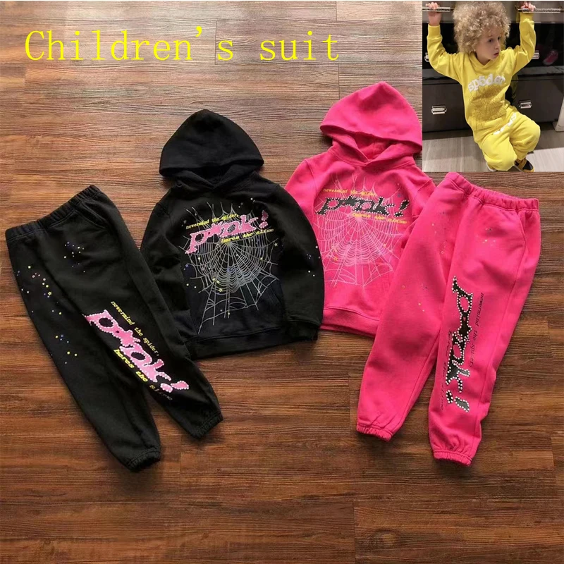 Boys Girls 120-150 Cm Height Sp5der 555555 Young Thug Hoodie Pant Set Spider Web Angel Pattern Campus Casual Pullover Suit