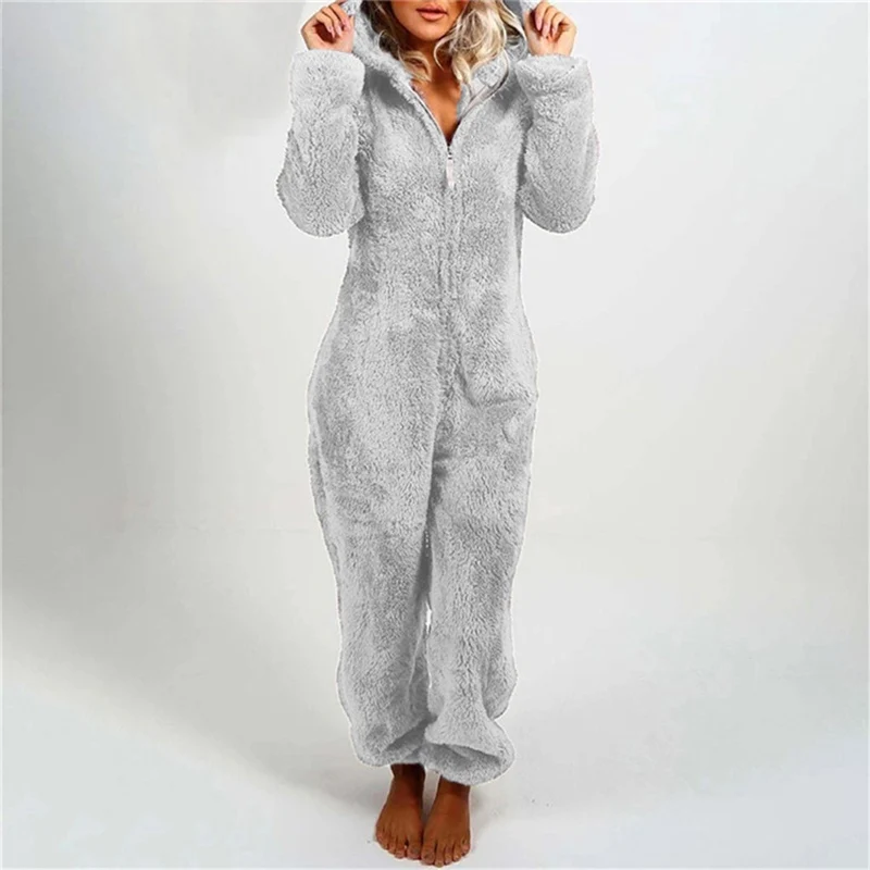 Women Bodysuit Mao Mao Jumpsuit Plus Size Hooded Pajamas Plus Velvet Thickened Solid Color Indoor Leisure Winter Home Clothes
