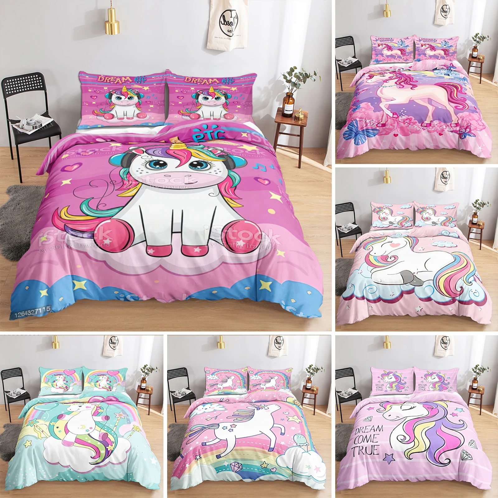 

Kawaii Unicorn Colorful Luminous Unicorn Kids Bedding Set for Girls Pink Deluxe Quilt Cover Bedding Set King Queen Twin Quilt