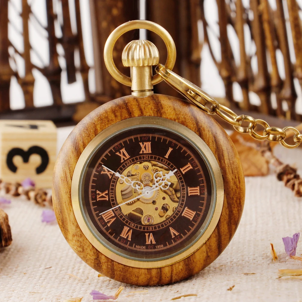 Casual Vintage Wood Mechanical Pocket Watch Steampunk Collectible Souvenir Pendant Gentleman Ladies Necklace
