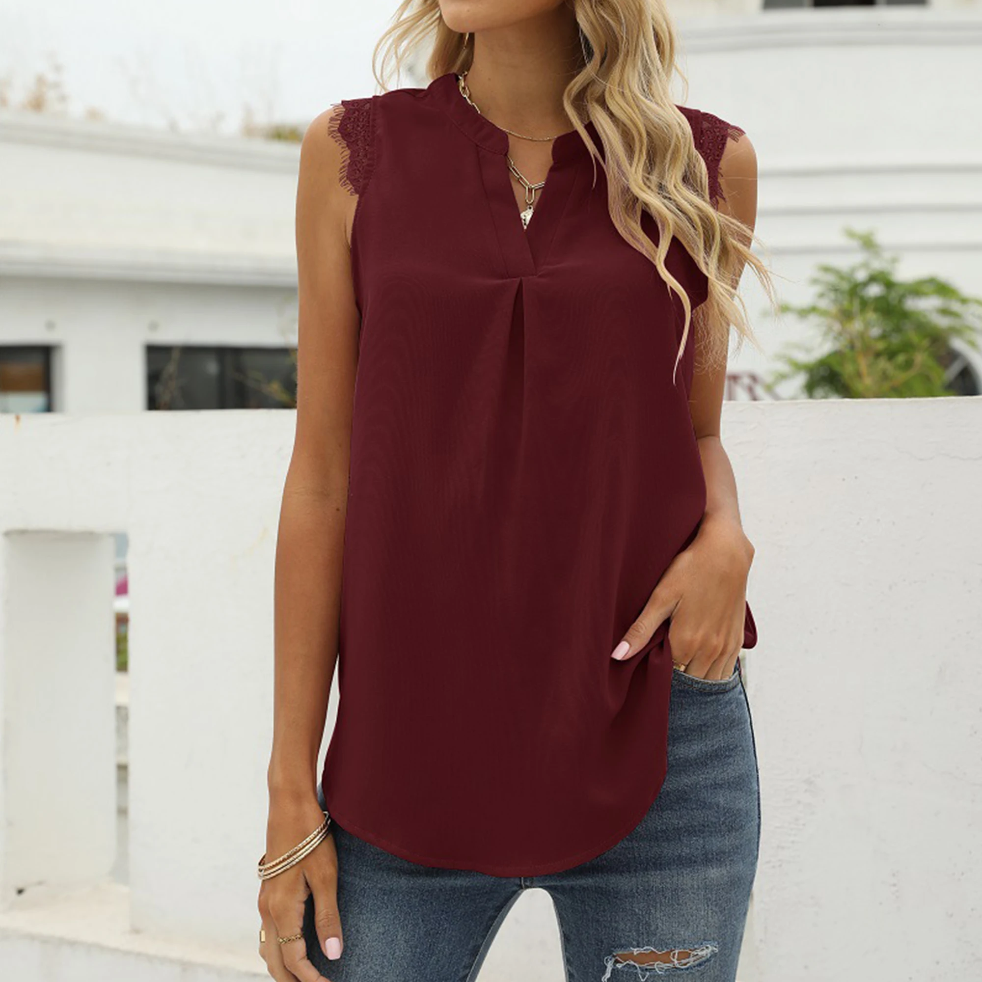 

Loose V-Neck Sleeveless Lace Short Sleeve Chiffon Top Solid Color Pullover Shirt Casual Vintage Elegant Blouse Tank