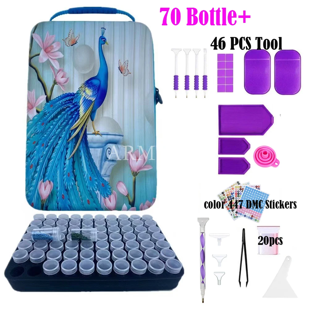 

5D Diamond Painting Accessories Storage Box 70 Slot DIY Diamond Embroidery 46 Tools Beads Storage Container Jar Zippered Case