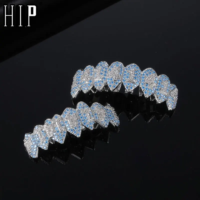 

Hip Hop Full CZ Blue Stones Teeth Grillz Caps Cubic Zircon Iced Out Micro Pave Top&Bottom Charm Grills Set For Men Women Jewelry