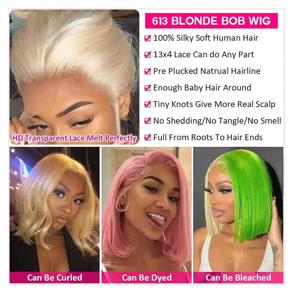 613 Блондинка Короткий Боб Парик Прямые Человеческие Волосы Глубокая Часть 13x4