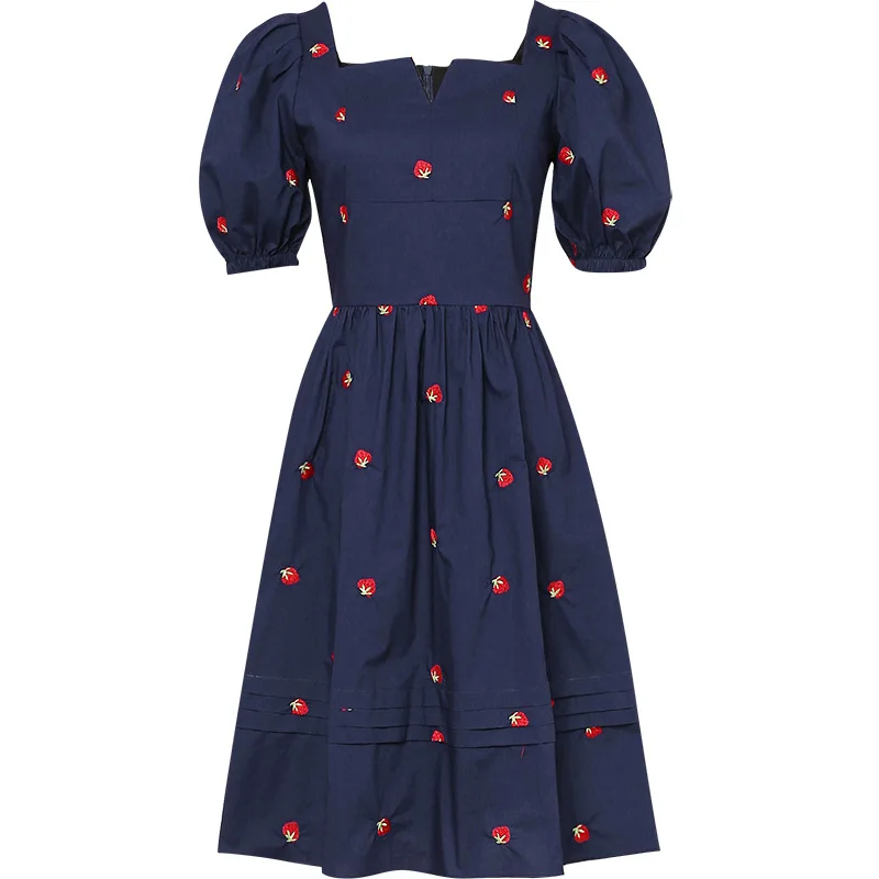 

New Strawberry Embroidery Women Dress Fashion Puff Sleeve Mini A-Line Dresses F6915