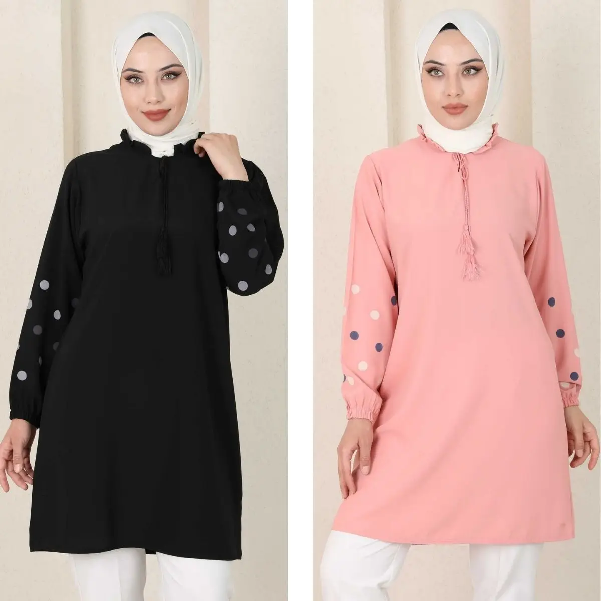 Polka Dot Sleeves Detailed Hijab Tunic Frilly Lace-Up Collar Seasonal Women's Fashion Muslim Clothing Islamic Abaya Dress Casual