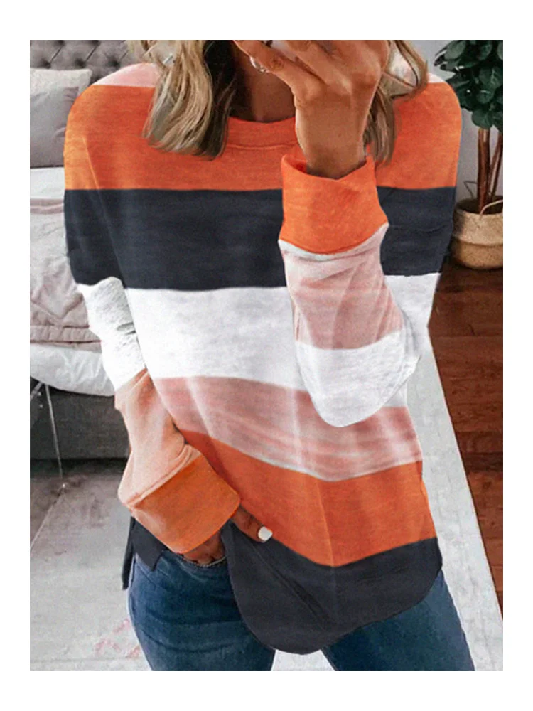 

Womens Long Sleeve Crewneck Striped Printed Sweatshirt Color Tie Dye Sweatshirt Casual Loose Pullover Tops Korean Streetwear