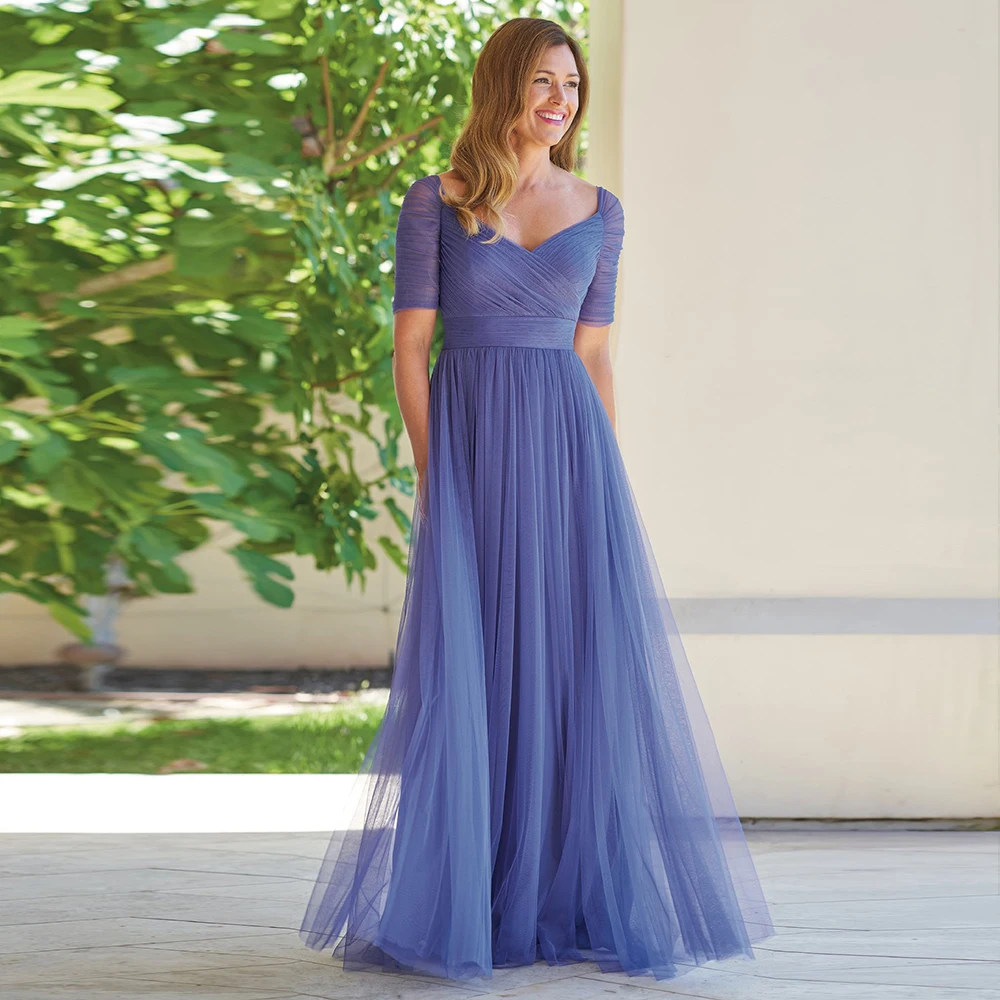 

Tulle Simple Mother Of The Bride Dresses Floor-Length Short Sleeve Pleat Wedding Party Dress Robe Mere De la Mariée élegante