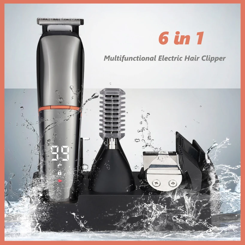 

Electric Hair Clipper 6 in 1 Multifunctional Waterproof Hair Clipper LCD Digital Display Electric Shaver Nose Hair Trimmer