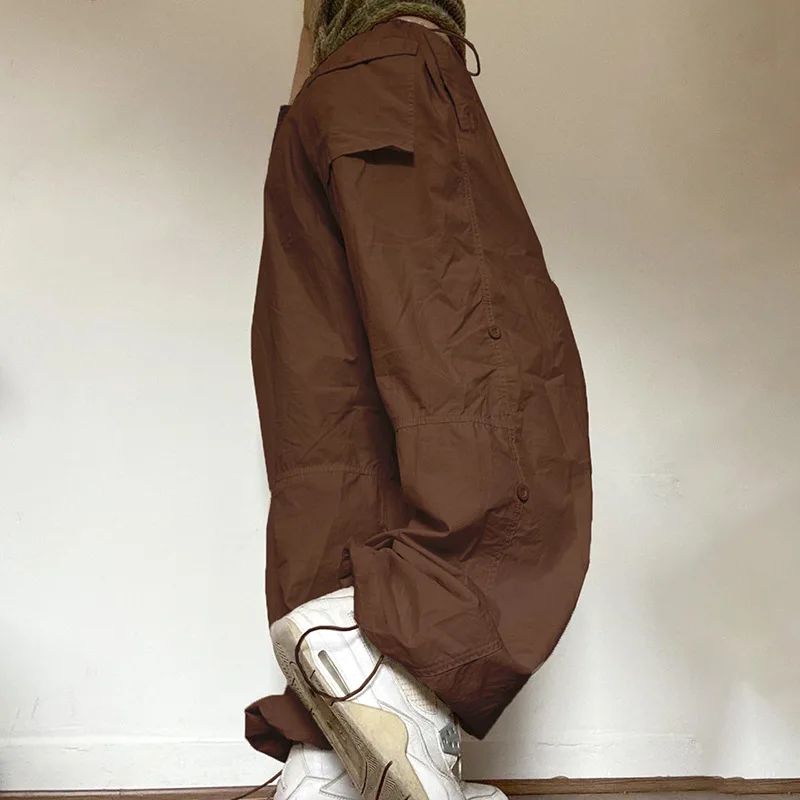 Baggy Cargo Parachute Pants Y2k Jogger Trousers Brown Wide Leg Retro Old School Hip Hop Adjustable Button For Ladies Women Fall