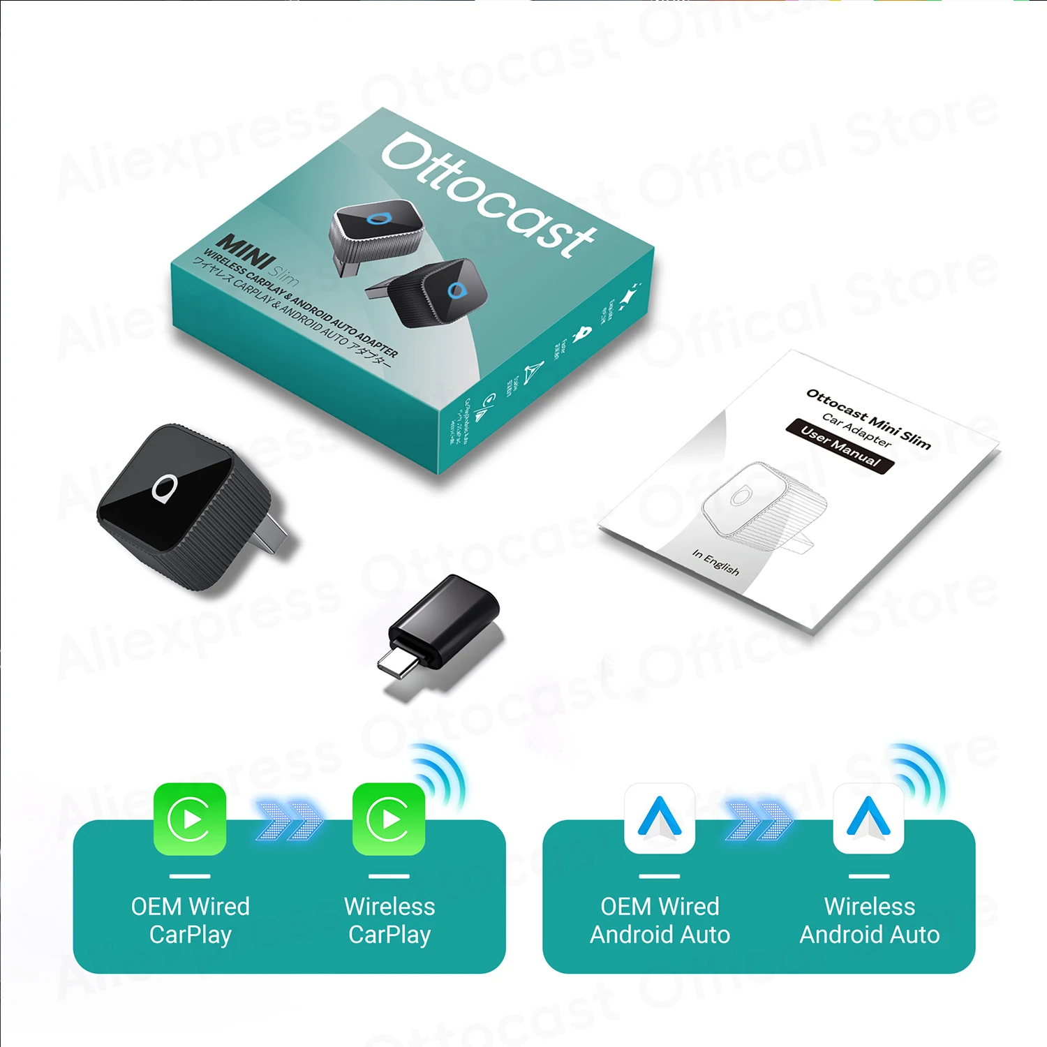 

OTTOCAST MINI Slim Wireless CarPlay Android Auto адаптер 2 в 1 USB-ключ Автомобильные аксессуары для VW Toyota Hyundai Kia Chevrolet