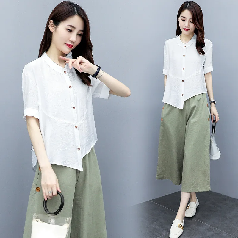 Ladies Spring Summer Casual Print 2 Piece Retro Short Sleeve O Neck Pullover Top and Pocket Solid Trousers Suit Women Loose Sets