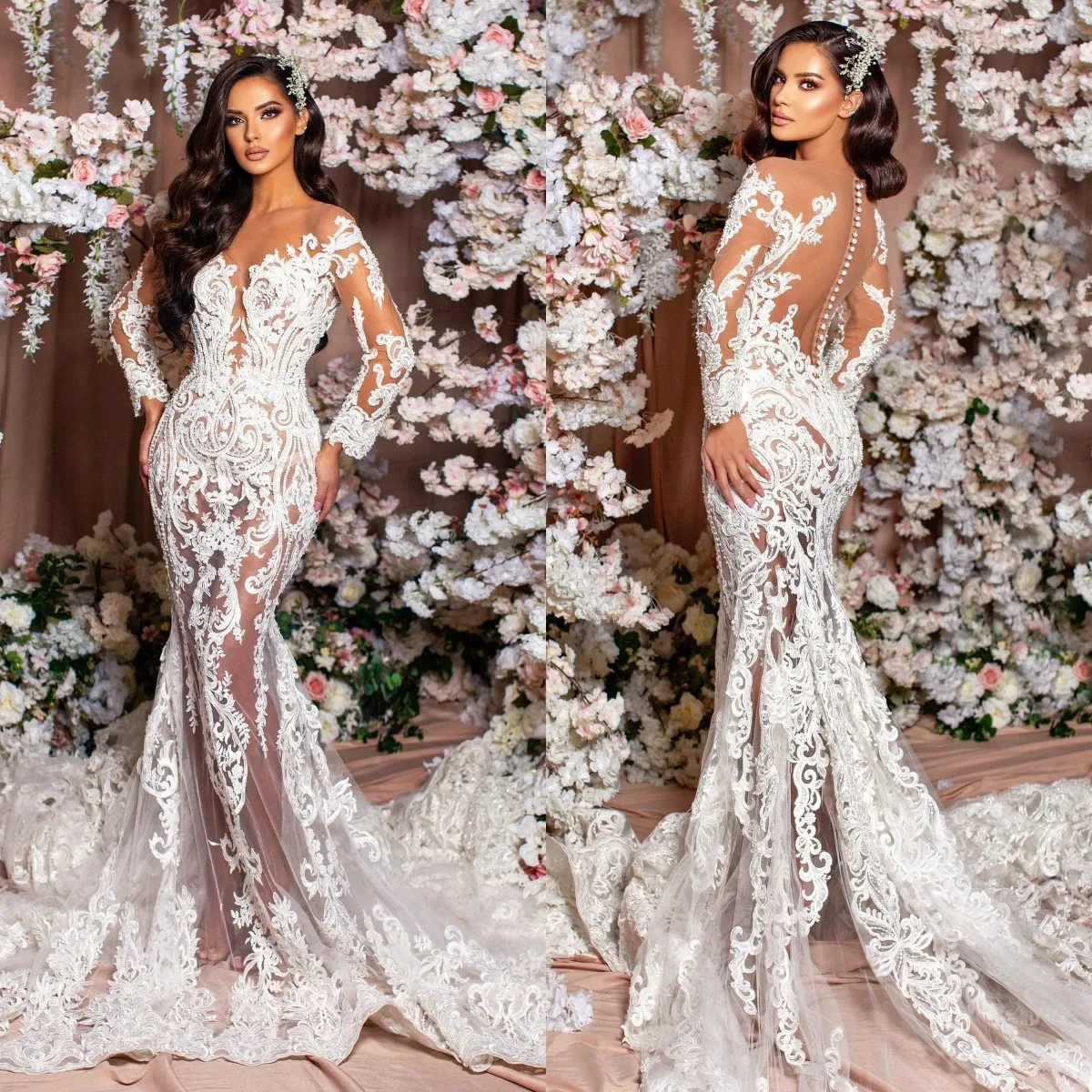 

Sexy Mermaid Wedding Dress Long Sleeve Sheer Neck Lace Appliqued Illusion Bridal Gowns Saudi Arabia robes de mariée