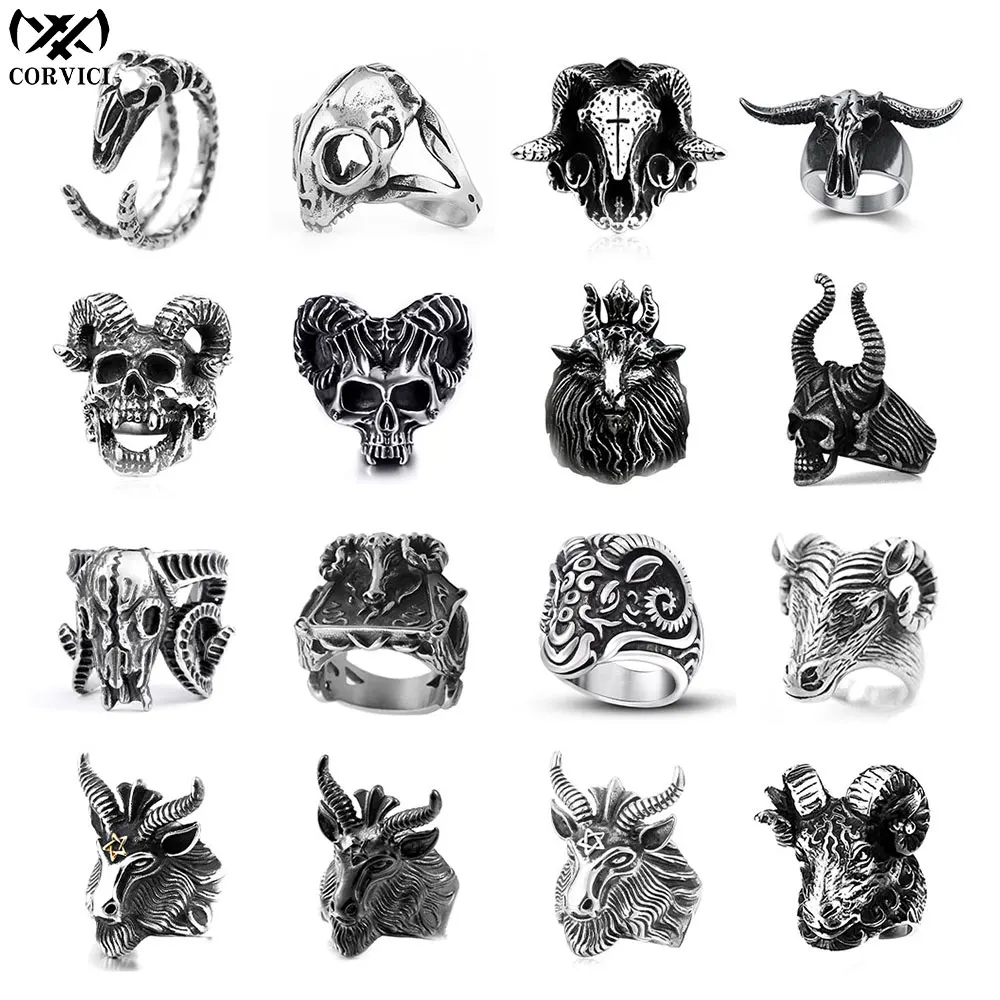 

CORVICI Brand 316L Satanic Goat Satan Skull Vintage Gothic Aesthetic Retro Stainless Steel Biker Jewelry Finger Rings for Men