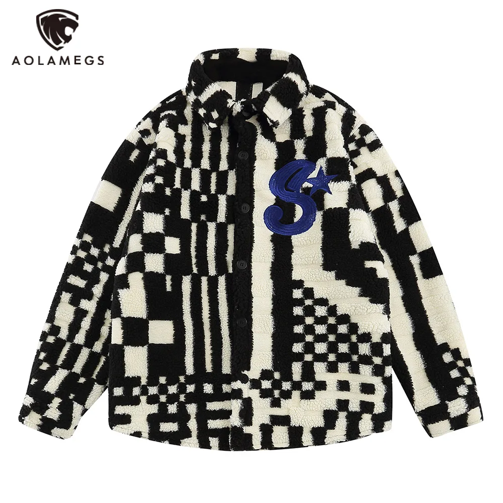 

Men's Lamb Fleece Shirts Irregular Plaid Embroidery Long Sleeves Shirts Harajuku Streetwear Casual Autumn Hip Hop Couple Coats