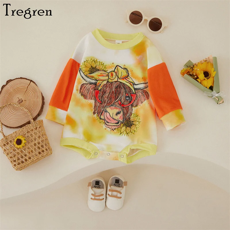 

Tregren Infant Baby Girls Romper Long Sleeve Crew Neck Cow Head Tie-dye Print Spring Fall Bodysuit for Casual Daily 0-18Months