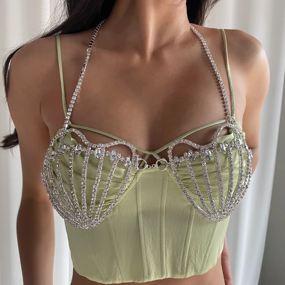 

Mermaid Shell Bra Chest Chain Harness Sexy Body Jewelry Necklace for Women Beach Bikini Rhinestone Body Chain Festival Clothing