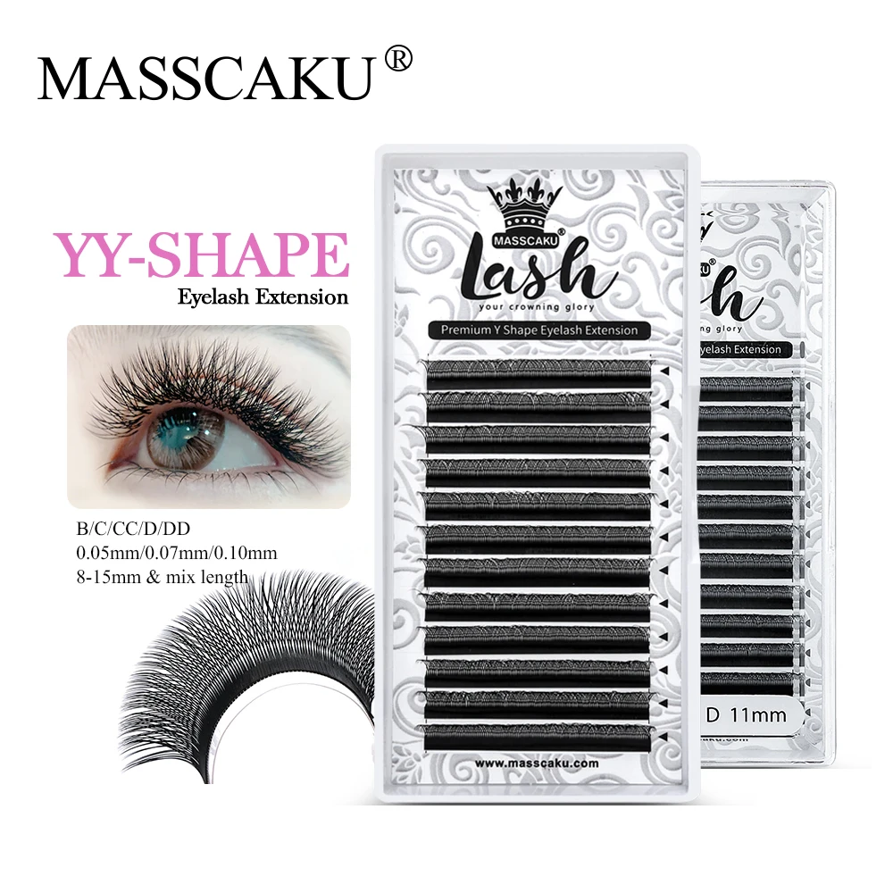 

MASSCAKU Premium Natural C/D Curl YY-Shaped False Individual 12Rows 8-15MM & MIX Length Mink Faux Fluffy Volume Eyelashes