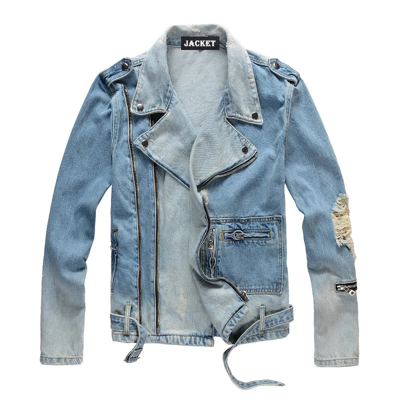 Zippers Denim Biker Jacket For Motorcycle Blue Denim Streetwear Men Washed Hole Coats Fashion Versatile Ripped Jeans Clothes