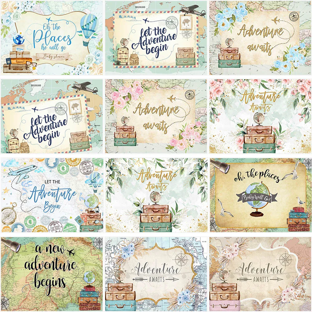 

Travel Adventure Awaits Backdrop Baby Shower Party Decorations Banner Map Plane Suitcase Flowers Photography Background Props