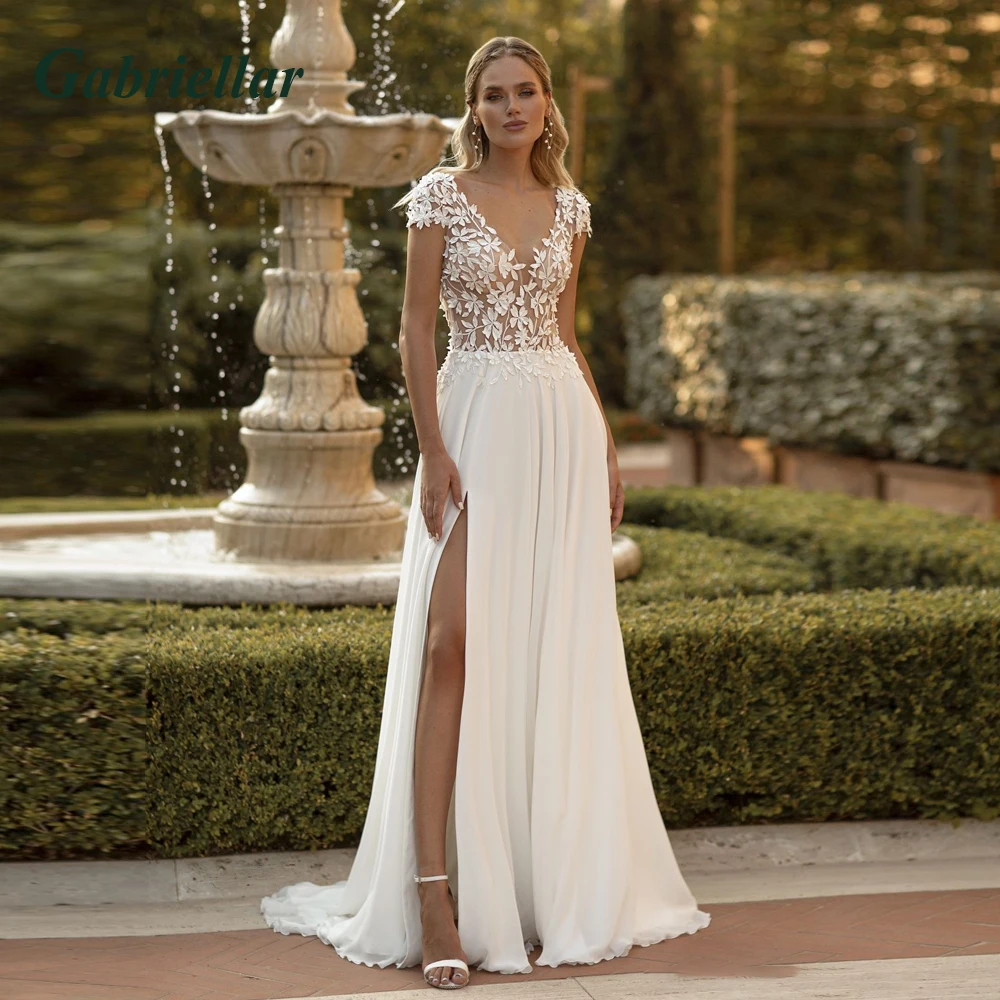 

Gabriellar Classic Elegant Wedding Dresses V-neck Appliques A-line Slit Short Sleeve Wedding Gown Robe De Mariée Made To Order