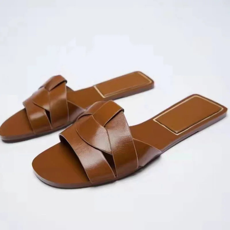 TRAF Summer Women's Flat Slippers Sandals Shoes For Woman Open Toe Rear Empty Beach Shoes Luxury Designer Shoes 2022 Flat Sandal