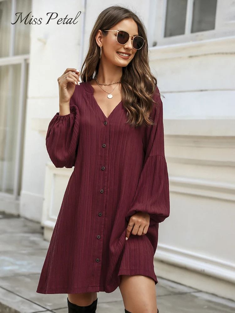 

Burgundy Red Button Front Mini Dress For Women Sexy V-neck Long Puff Sleeve Casual Loose Dress 2023 Spring Autumn Female Dress