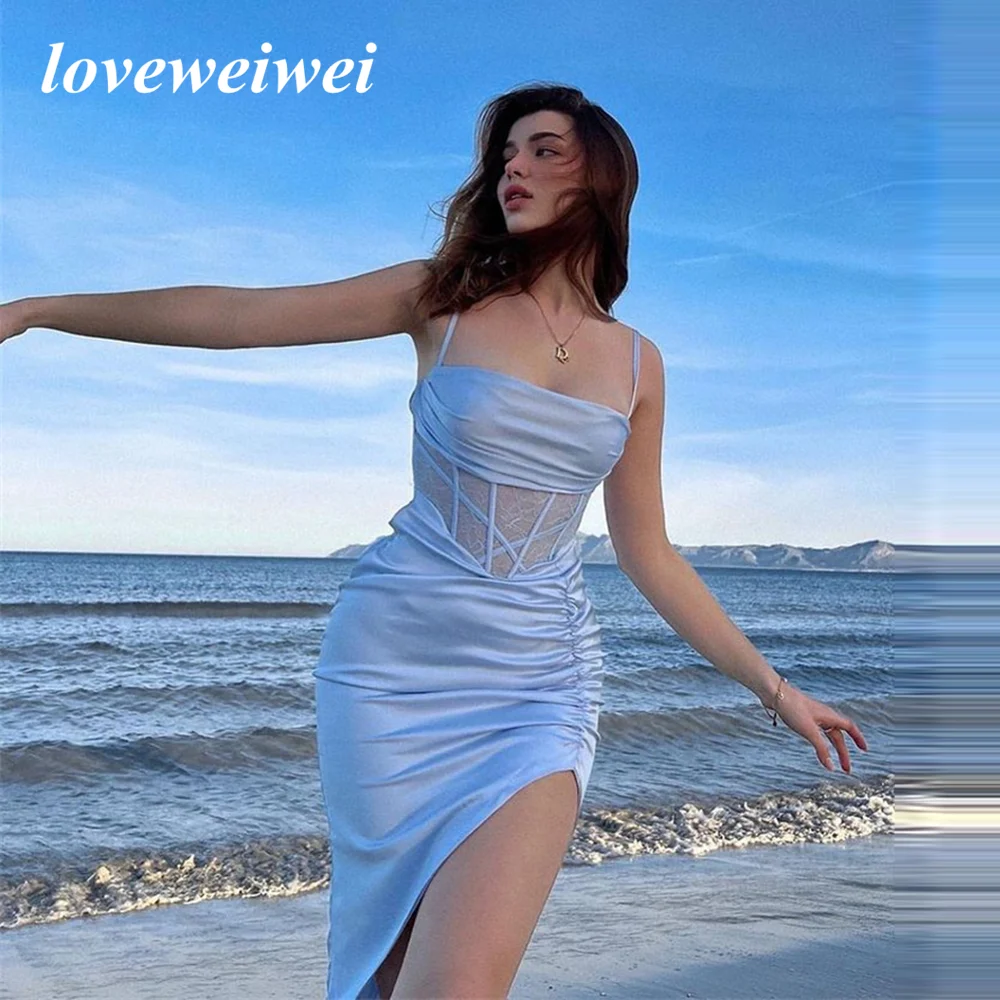 

Mermaid Blue Evening Dress Beach Party Dress Sexy Backless Spaghetti Pleats See Through Club High Slit Night Gowns Customize
