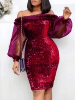 2022 women sequins sexy bodycon dress solid ruffles bateau hollow long sleeves celebrity party evening dresses