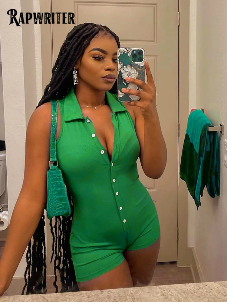 

Rapwriter Streetwear Solid Button Cut Out Playsuit Casual Slim Summer Short Rompers Women One Piece Body Fashion Sporty Outfit