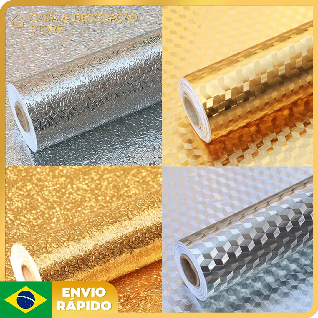 

3D Aluminum Washable Wall Paper For Kitchen Sink Golden Silver Tile 3m x 61cm