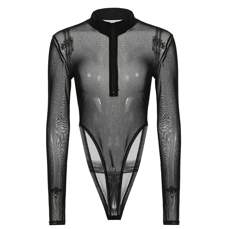 Mesh Transparent Black Sexy Bodysuit zipper Long Sleeve Slim Skinny Stripe Mock Neck Casual Rompers Women Lady Party Club Body