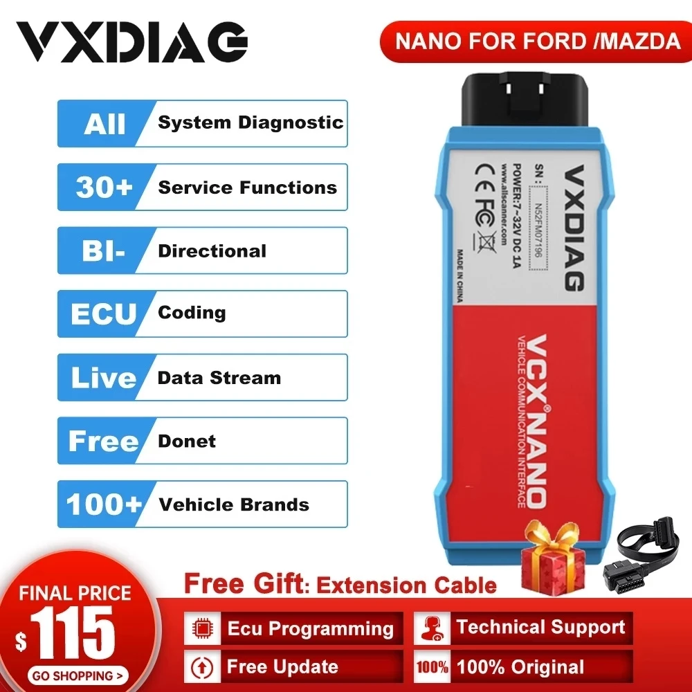 VXDIAG VCX NANO For Ford/Mazda IDS OBD2 Car Diagnostic Tools ECU Programming Coding IDS V124 Code scanner J2534 PCM ABS TPMS
