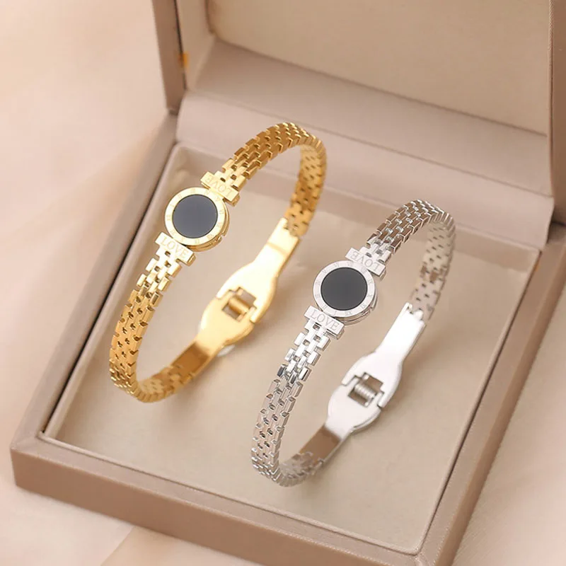 

18K Gold Korean Version Of Titanium Steel Bracelet Female Personality Niche Design Sense Network Red Roman Watch Bracelet