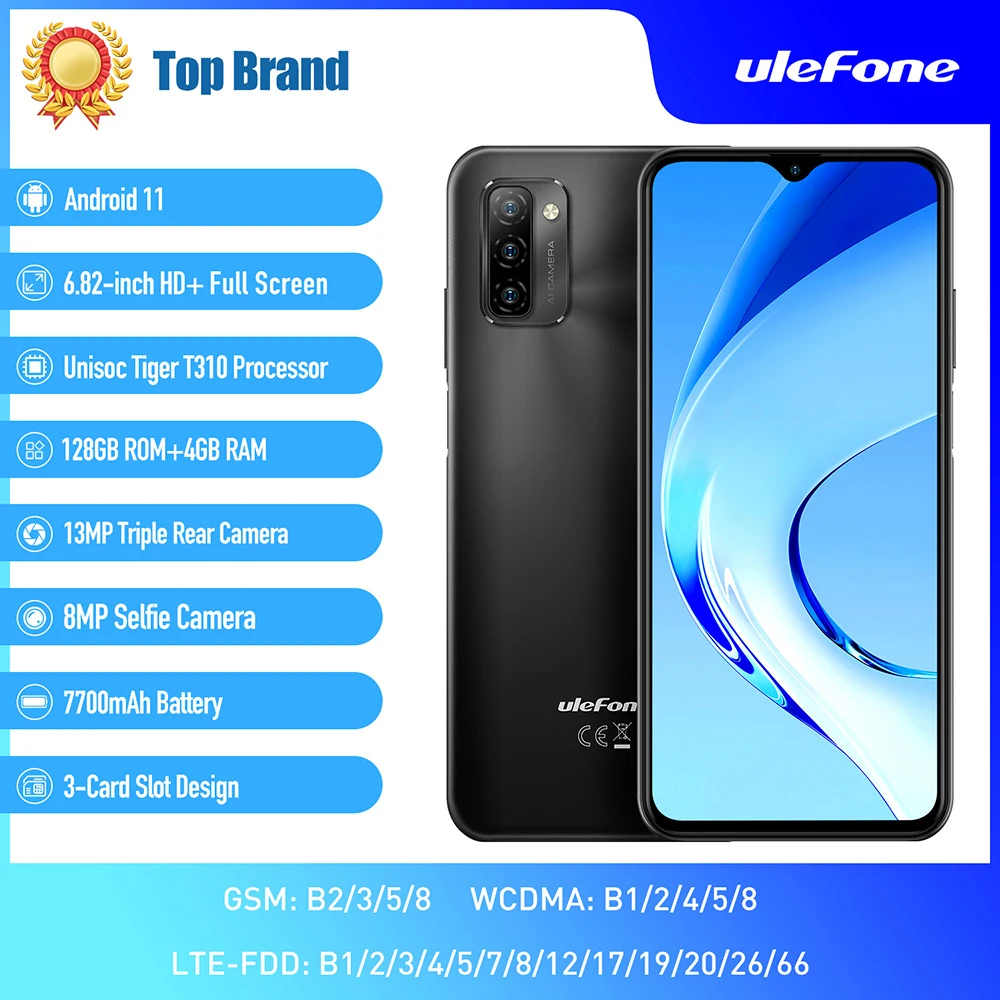 Ulefone 7700mAh Note 12 Smartphone 4GB+128GB 6.82" Celular Phone 13MP Camera Quad Core Android 11 GPS 3-Card Slot |