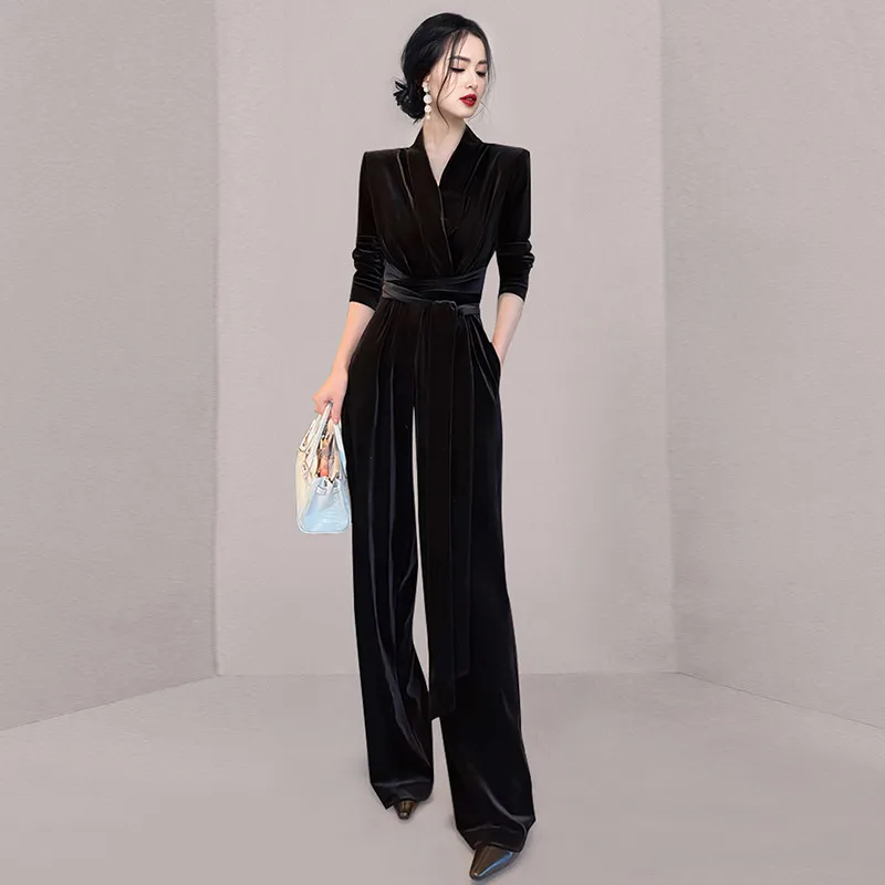 Runway Elegant Velvet Jumpsuit For Women V Neck High Waist Long Sleeve Lace Up Belt Wide Leg Rompers Pants