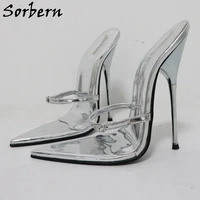 sorbern silver metallic pointed toe sandals cigarette heels 14cm slides buckle sissy boy fetish stilettos slipper custom colors