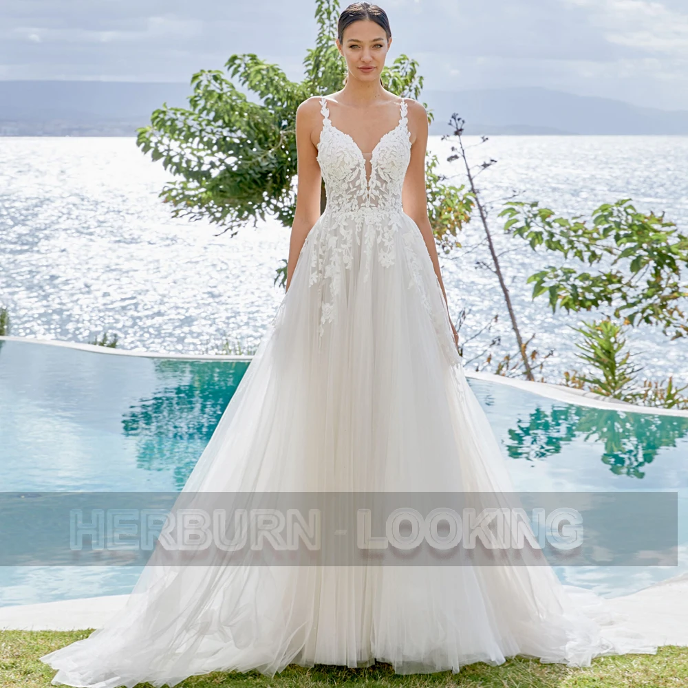 

HERBURN Fashion Wedding Gown For Bride Spaghetti Straps Court Train Customised Dropping Shipping Robe De Soiree De Mariage