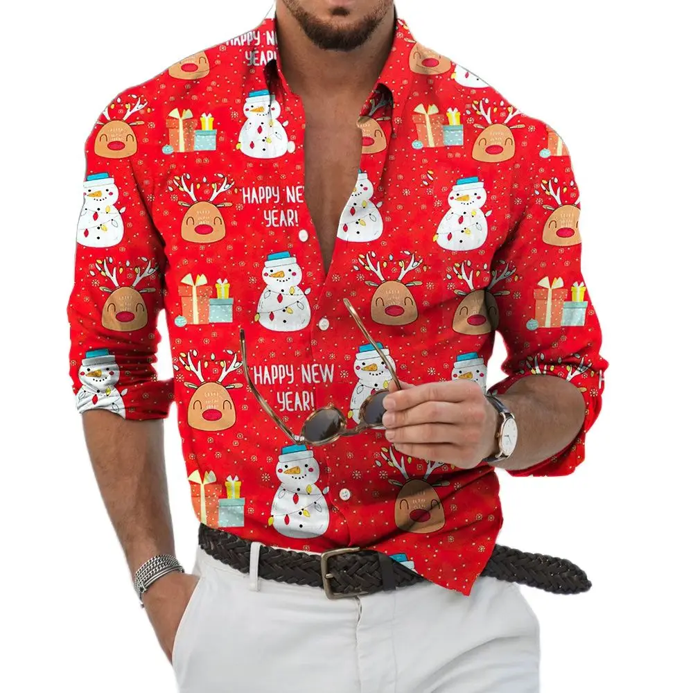 2022 New Christmas Theme 3D Printing Men's Button Shirt Fashion Long Sleeve Shirt Holiday Party Top New Year Street Dress